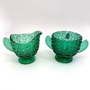 Vintage Fenton Emerald Green Hobstar Cream & Sugar Set Pressed Glass USA
